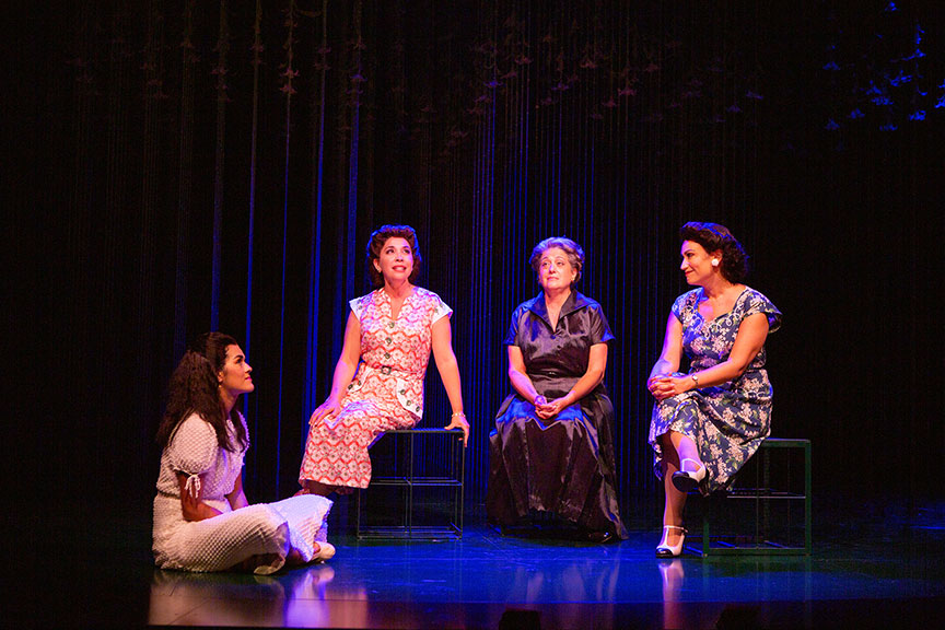 (from left) Kalyn West as Younger Anuncia, Andréa Burns as Tía (Lucia), Mary Testa as Granmama (Magdalena), and Eden Espinosa as Mamí (Carmen) in The Gardens of Anuncia, 2021. Photo by Jim Cox.