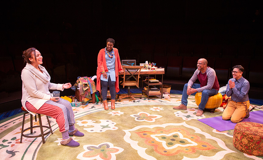 (from left) Opal Alladin as Sugar, Dorcas Sowunmi as Letter Writer #2, Keith Powell as Letter Writer #1, and Avi Roque as Letter Writer #3 in Tiny Beautiful Things, runs February 9 – March 17, 2019 at The Old Globe. Photo by Jim Cox.