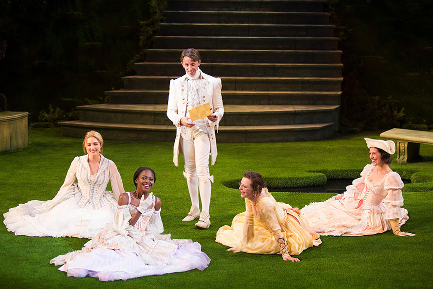 (from left) Kristen Connolly as Priness of France, Pascale Armand as Rosaline, Kevin Cahoon as Boyet, Talley Beth Gale as Katherine, and Amy Blackman as Maria in William Shakespeare's Love's Labor's Lost, directed by Kathleen Marshall, running August 14 - September 18, 2016 at The Old Globe. Photo by Jim Cox.