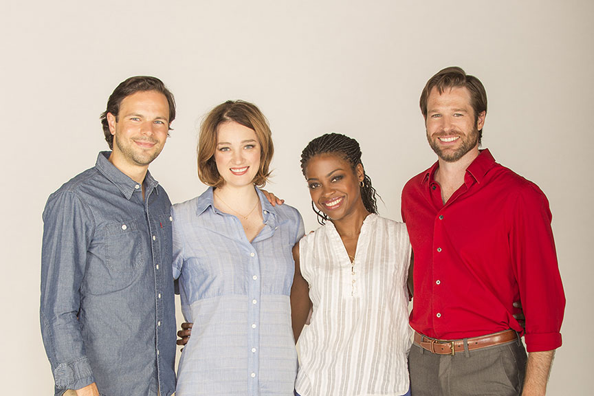(from left) Jonny Orsini appears as Ferdinand, King of Navarre, Kristen Connolly as the Princess of France, Pascale Armand as Rosaline, and Kieran Campion as Berowne in William Shakespeare's Love's Labor's Lost