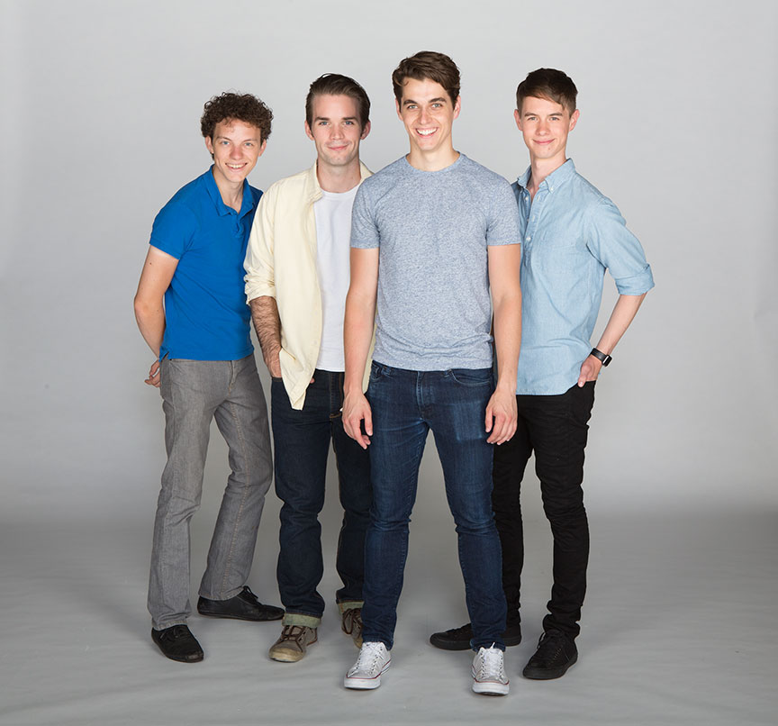 (from left) Austyn Myers appears as O'Dell, Patrick Rooney as Roy Lee, Kyle Selig as Homer Hickam, and Connor Russell as Quentin in the West Coast premiere of October Sky, with book by Brian Hill and Aaron Thielen, music and lyrics by Michael Mahler, directed and choreographed by Rachel Rockwell, inspired by the Universal Pictures film and Rocket Boys by Homer H. Hickam, Jr., running Sept. 10 - Oct. 23, 2016 at The Old Globe. Photo by Jim Cox.