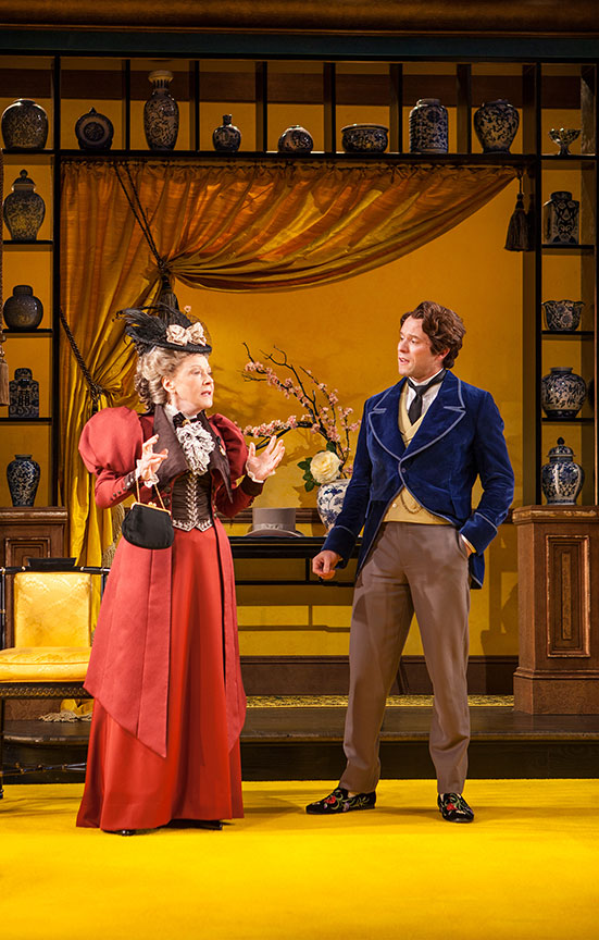 Helen Carey as Lady Bracknelll and Christian Conn as Algernon Moncrieff in The Importance of Being Earnest, by Oscar Wilde, directed by Maria Aitken, running January 27 – March 4, 2018 at The Old Globe. Photo by Jim Cox. 