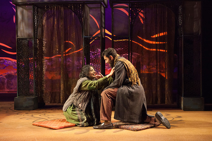 Nadine Malouf as Laila and Antoine Yared as Tariq in A Thousand Splendid Suns, written by Ursula Rani Sarma, based on the book by Khaled Hosseini, directed by Carey Perloff, and co-produced by American Conservatory Theater, runs May 12 – June 17, 2018 at The Old Globe. Photo by Jim Cox.