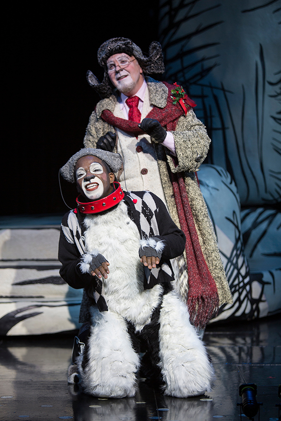 (from top) Steve Gunderson as Old Max and Tyrone Davis, Jr. as Young Max in Dr. Seuss’ How the Grinch Stole Christmas!, directed by James Vásquez, running Nov. 5 – Dec. 26, 2016 at The Old Globe. Photo by Jim Cox.