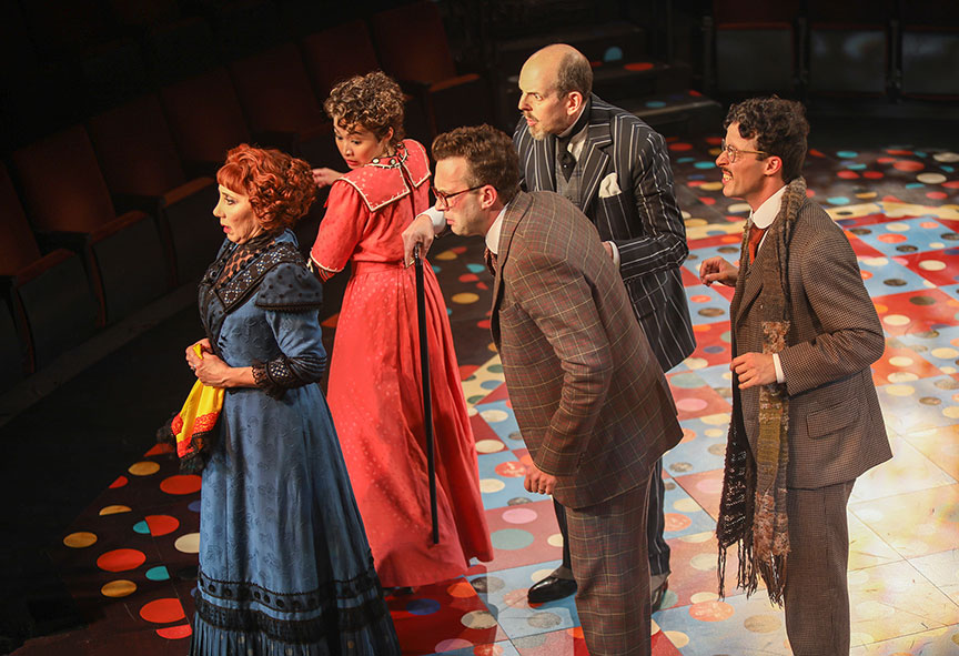 Joanna Glushak as Gertrude Deuter, Regina De Vera as Louise Maske, Eddie Kaye Thomas as Theo Maske, Jeff Blumenkrantz as Klinglehoff, and Michael Bradley Cohen as Benjamin Cohen in The Underpants, by Steve Martin, directed by Walter Bobbie, and adapted from Carl Sternheim, running July 27 – September 8, 2019 at The Old Globe. Photo by Jim Cox.