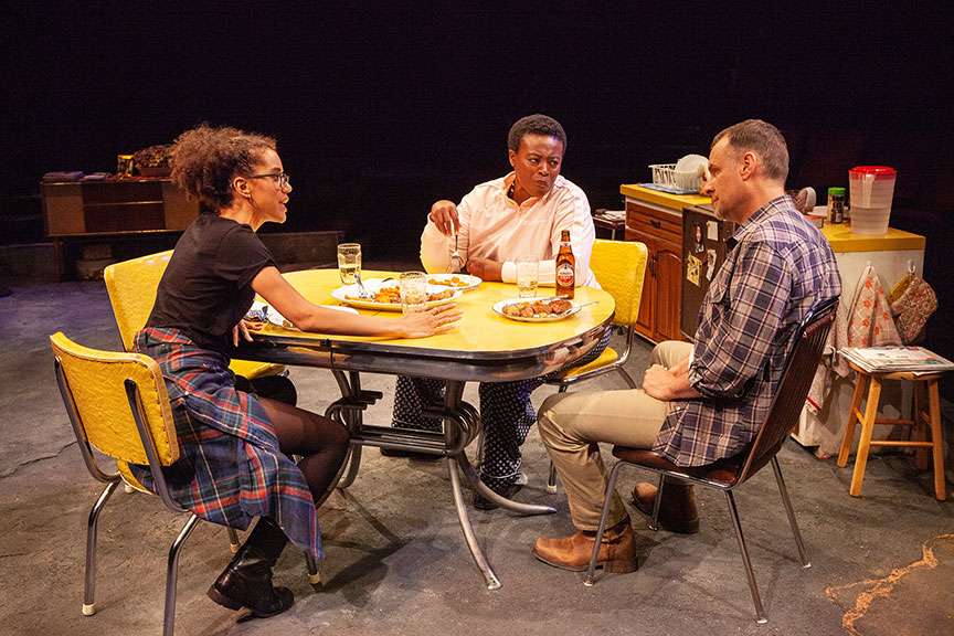 Jasmin Savoy Brown as Katie, Omozé Idehenre as Sigourney, and Jonathan Walker as Don in What You Are, running May 30 – June 30, 2019 at The Old Globe. Photo by Jim Cox.