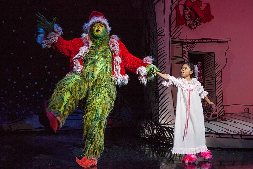 J. Bernard Calloway as The Grinch and Mikee Castillo as Cindy-Lou Who in Dr. Seuss’ How the Grinch Stole Christmas!, directed by James Vásquez, running Nov. 5 – Dec. 26, 2016 at The Old Globe. Photo by Jim Cox.