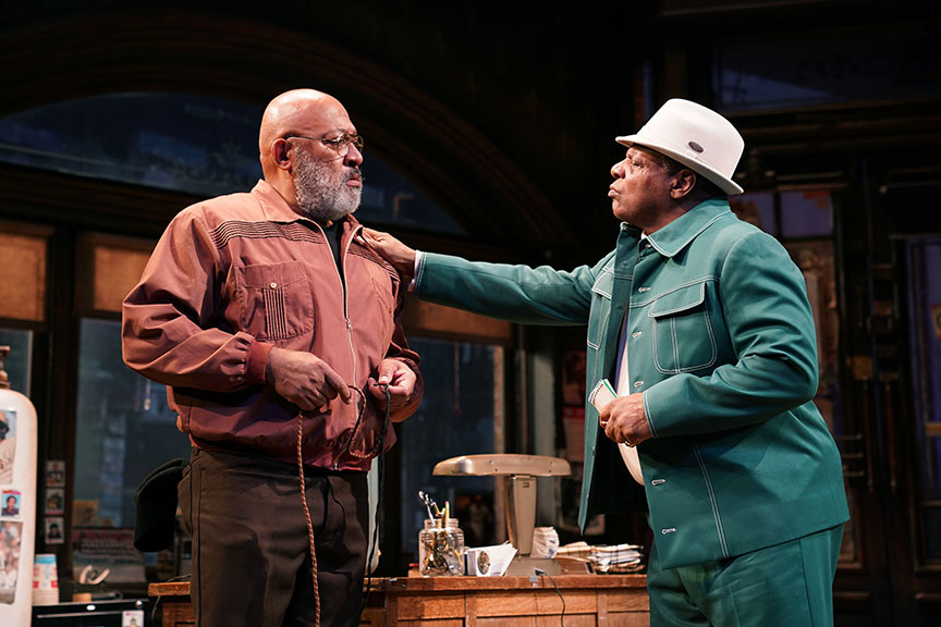 (from left) Keith Randolph Smith as Doub and Harvy Blanks as Shealy in August Wilson’s Jitney, directed by Ruben Santiago-Hudson, runs January 18 – February 23, 2020 at The Old Globe. Photo by Joan Marcus.
