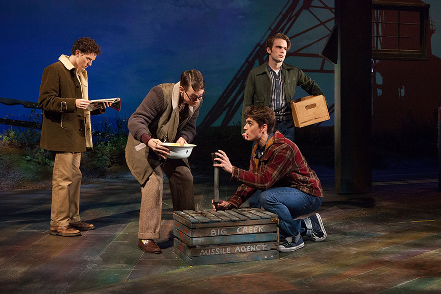 (from left) Austyn Myers as O'Dell, Connor Russell as Quentin, Kyle Selig as Homer Hickam, and Patrick Rooney as Roy Lee in the West Coast premiere of October Sky, with book by Brian Hill and Aaron Thielen, music and lyrics by Michael Mahler, directed and choreographed by Rachel Rockwell, inspired by the Universal Pictures film and Rocket Boys by Homer H. Hickam, Jr., running Sept. 10 - Oct. 23, 2016 at The Old Globe. Photo by Jim Cox.