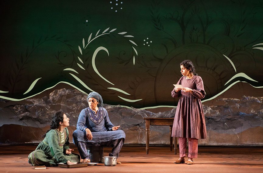 (from left) Nadine Malouf as Laila, Denmo Ibrahim as Mariam, and Nikita Tewani as Aziza in A Thousand Splendid Suns, written by Ursula Rani Sarma, based on the book by Khaled Hosseini, directed by Carey Perloff, and co-produced by American Conservatory Theater, runs May 12 – June 17, 2018 at The Old Globe. Photo by Jim Cox.
