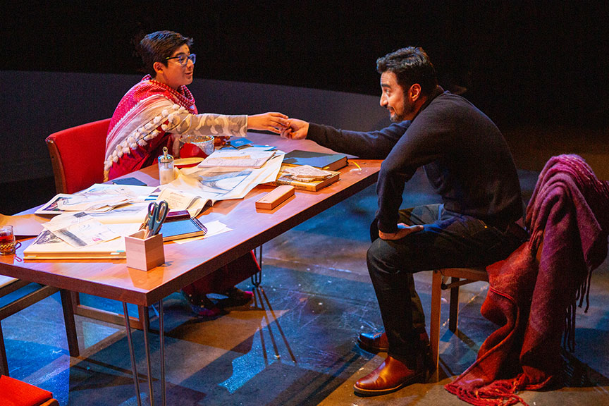 Giovanni Cozic as Yazen/Alex and Fajer Kaisi as Rafa'a. Noura, by Heather Raffo,  and directed by Johanna McKeon, runs September 20 – October 20, 2019 at The Old Globe. Photo by Jim Cox.