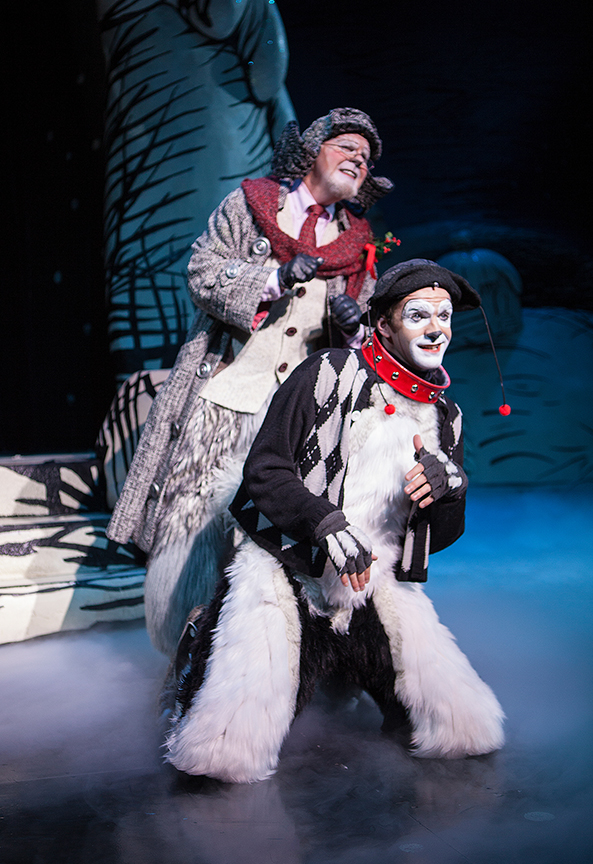 (from left) Steve Gunderson appears as Old Max and Dan DeLuca as Young Max in Dr. Seuss's How the Grinch Stole Christmas!, book and lyrics by Timothy Mason, music by Mel Marvin, original production conceived and directed by Jack O'Brien, original choreography by John DeLuca, and directed by James Vásquez, running November 4 – December 24, 2017 at The Old Globe. Photo by Jim Cox.
