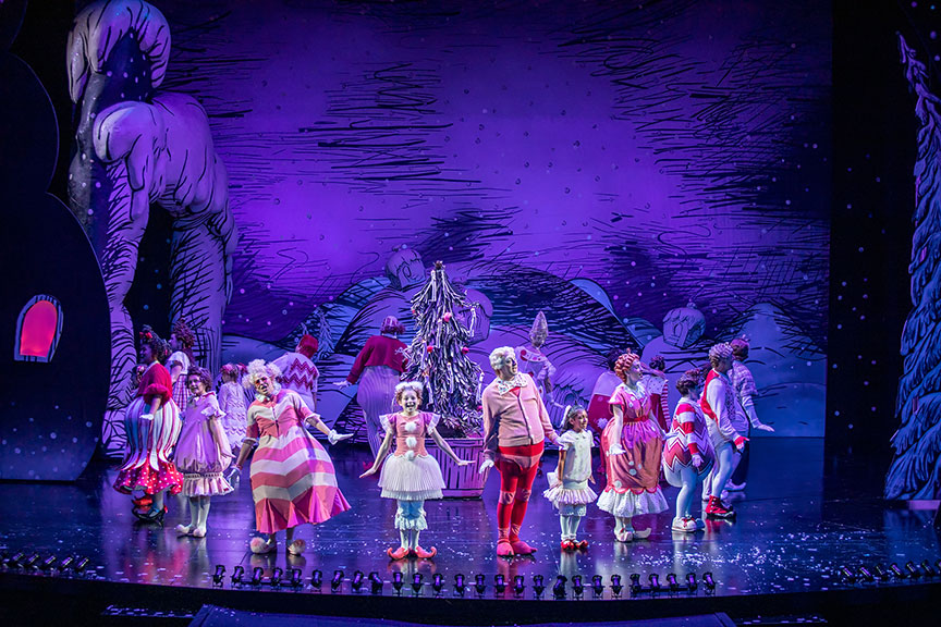 The cast of Dr. Seuss's How the Grinch Stole Christmas!, book and lyrics by Timothy Mason, music by Mel Marvin, original production conceived and directed by Jack O'Brien, original choreography by John DeLuca, and directed by James Vásquez, running November 10 – December 29, 2019 at The Old Globe. Photo by Jim Cox.
