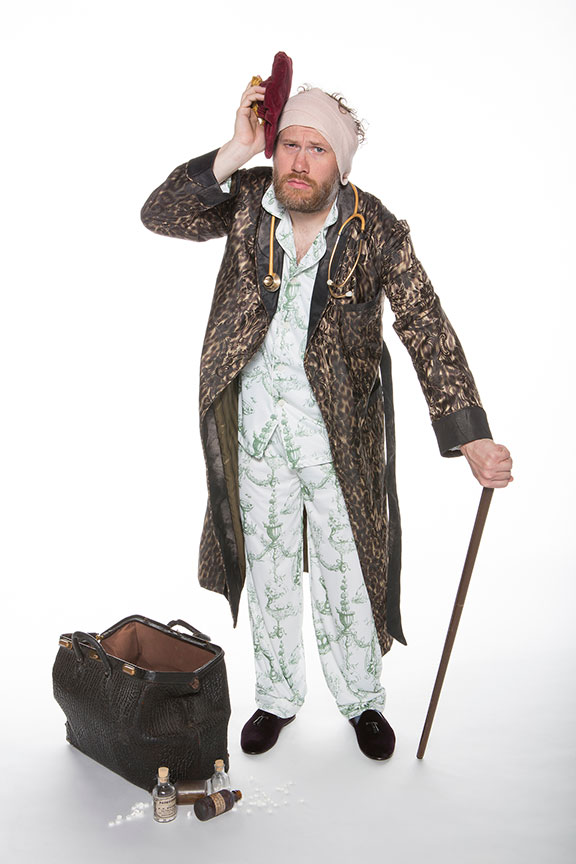 Andy Grotelueschen appears as Argan in the world premiere adaptation of Molière’s The Imaginary Invalid, adapted by Fiasco Theater, running May 27 – July 2, 2017 at The Old Globe. Photo by Jim Cox.