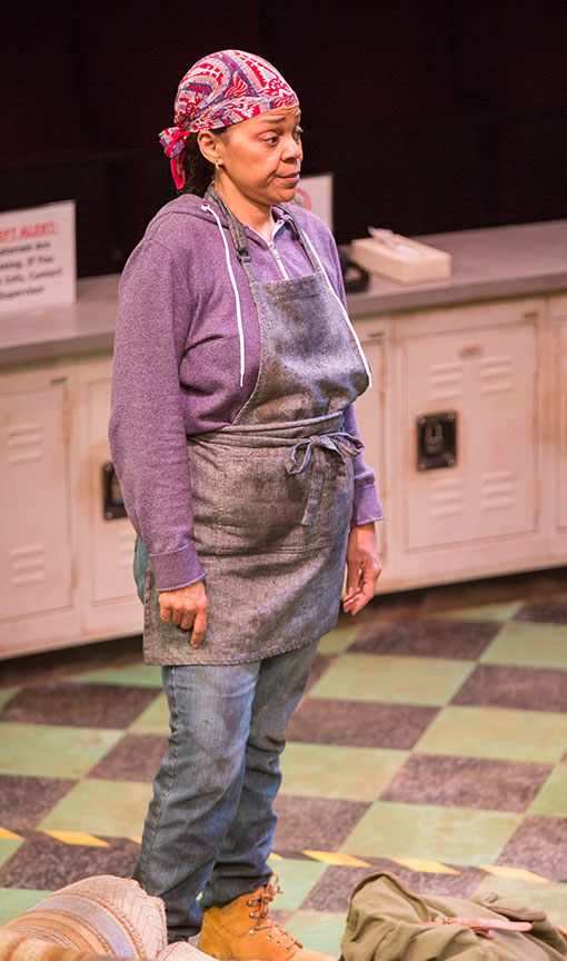 Tonye Patano as Faye in Dominique Morisseau's Skeleton Crew, directed by Delicia Turner Sonnenberg, in association with MOXIE Theatre, running April 8 – May 7, 2017 at The Old Globe. Photo by Jim Cox.