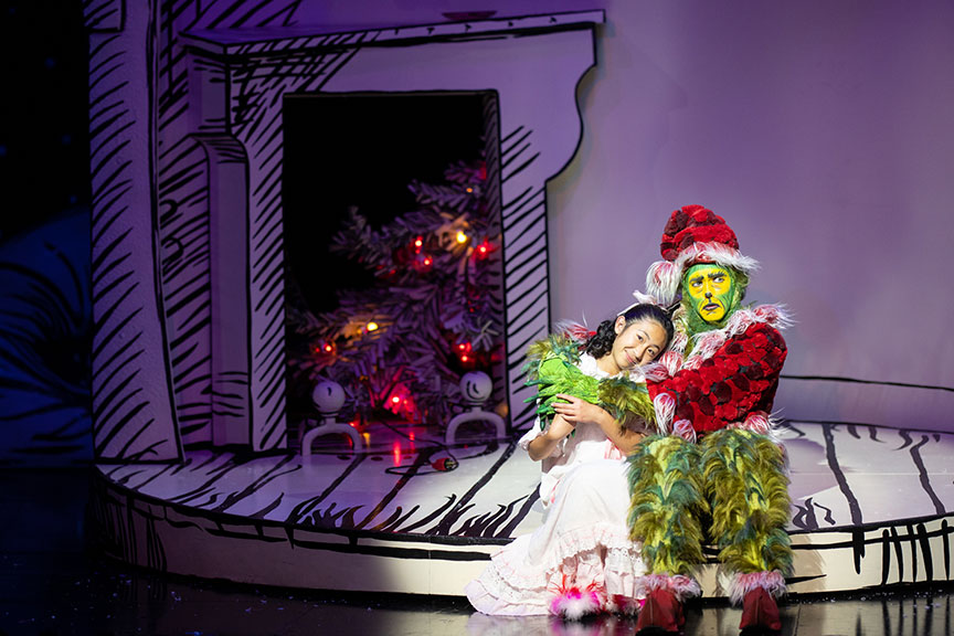 Sophia Adajar as Cindy-Lou Who and Andrew Polec as The Grinch in Dr. Seuss's How the Grinch Stole Christmas!, 2021. Photo by Rich Soublet II.