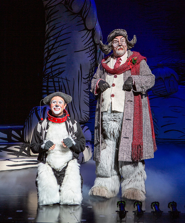 Tommy Martinez as Young Max and John Treacy Egan as Old Max. Dr. Seuss's How the Grinch Stole Christmas!, book and lyrics by Timothy Mason, music by Mel Marvin, original production conceived and directed by Jack O'Brien, original choreography by John DeLuca, and directed by James Vásquez, 2019. Photo by Jim Cox.