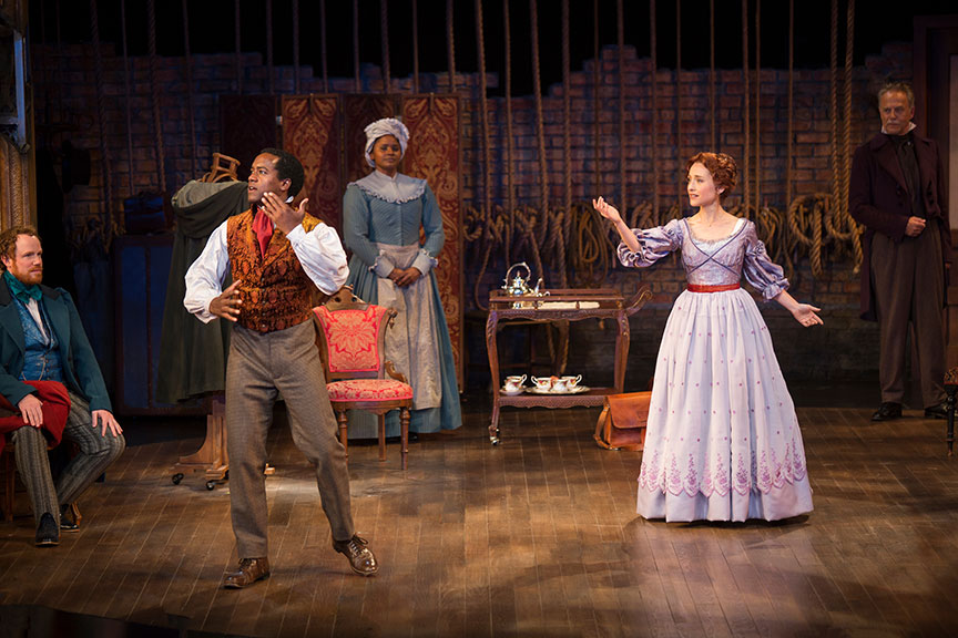 (from left) Sean Dugan as Pierre Laporte, Albert Jones as Ira Aldridge, Monique Gaffney as Connie, Allison Mack as Ellen Tree, and Mark Pinter as Bernard Warde in Lolita Chakrabarti’s Red Velvet, directed by Stafford Arima, running March 25 – April 30, 2017 at The Old Globe. Photo by Jim Cox.