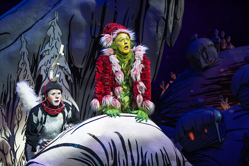 Tommy Martinez as Young Max and Andrew Polec as The Grinch in Dr. Seuss’s How the Grinch Stole Christmas!, 2023. Photo by Jim Cox.