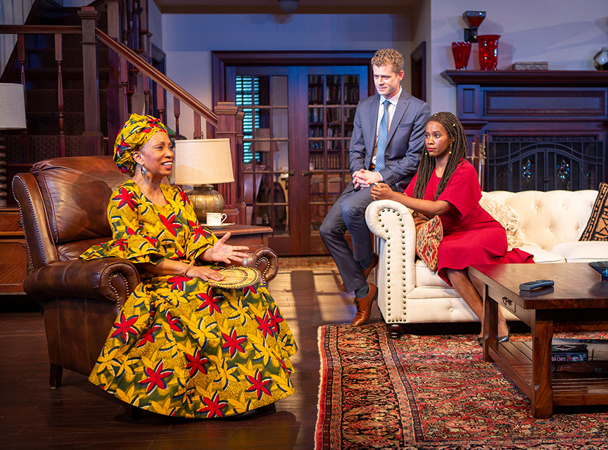 (from left) Wandachristine as Anne, Lucas Hall as Chris, and Zakiya Young as Tendikayi in Familiar, running January 26 – March 3, 2019 at The Old Globe. Photo by J.T. MacMillan.