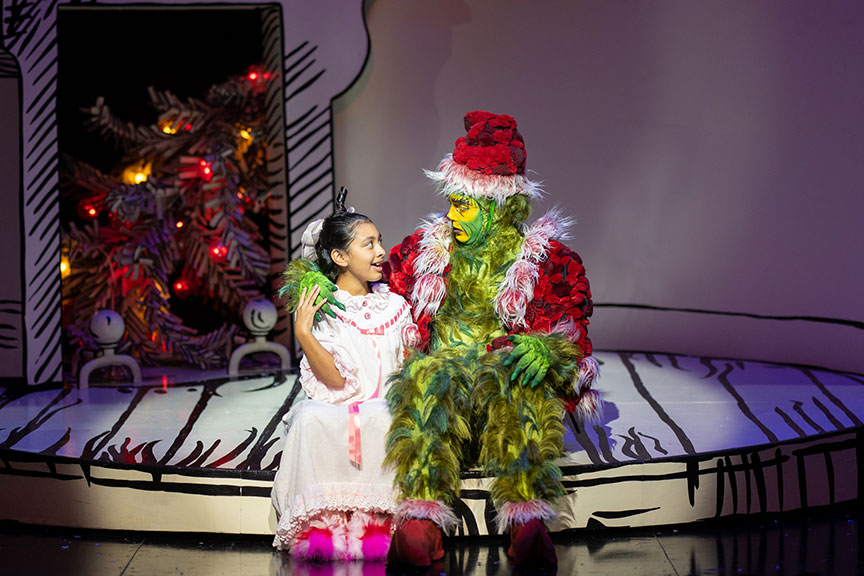 Leila Manuel as Cindy-Lou Who and Andrew Polec as The Grinch in Dr. Seuss's How the Grinch Stole Christmas!, 2021. Photo by Rich Soublet II.