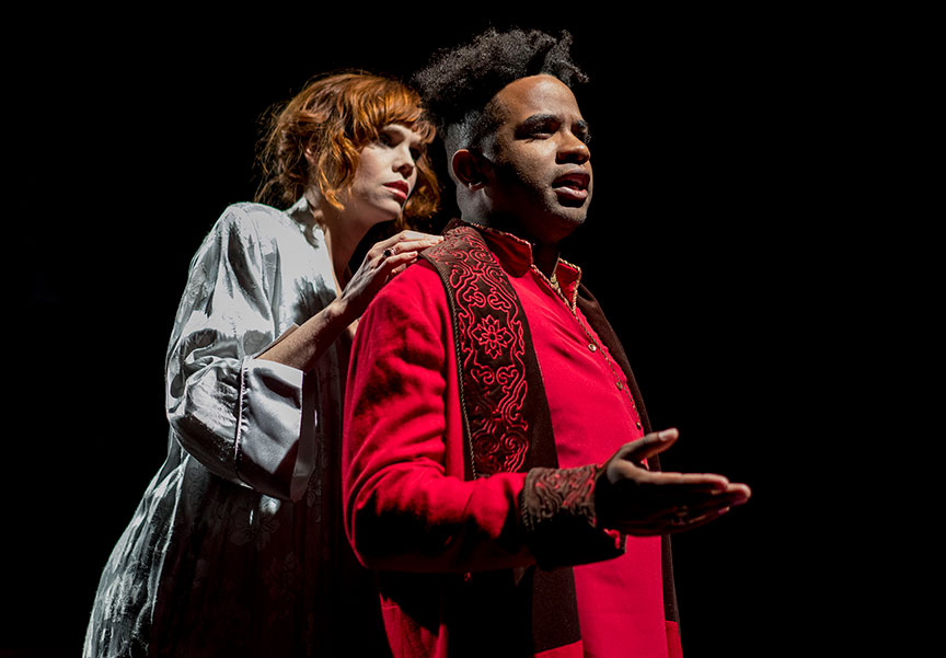 Summer Broyhill as Calphurnia and Jersten Seraile as Julius Caesar in The Old Globe and University of San Diego Shiley Graduate Theatre Program presentation of Shakespeare’s Julius Caesar, directed by Allegra Libonati, October 20–28, 2018 at The Old Globe. Photo by Daren Scott.