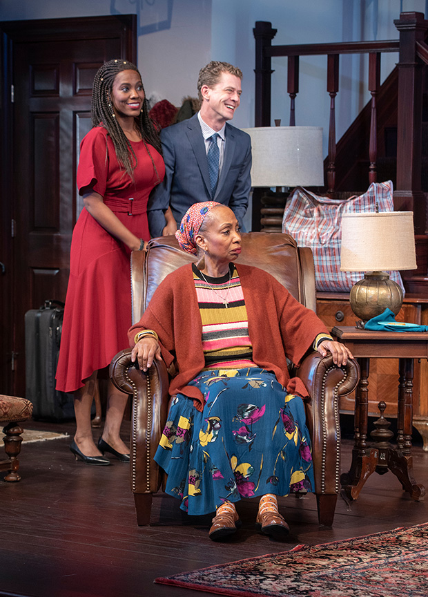 (from left) Zakiya Young as Tendikayi, Wandachristine as Anne, and Lucas Hall as Chris in Familiar, running January 26 – March 3, 2019 at The Old Globe. Photo by J.T. MacMillan.
