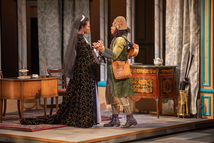 Medina Senghore as Olivia and Esco Jouléy as Feste in Twelfth Night. Photo by Jim Cox.