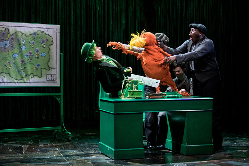  (from left) Steven Epp as The Once-ler, Meghan Kreidler, Rick Miller, and H. Adam Harris as The Lorax in Dr. Seuss's The Lorax, running July 2 – August 12, 2018 at The Old Globe. Photo by Dan Norman. 