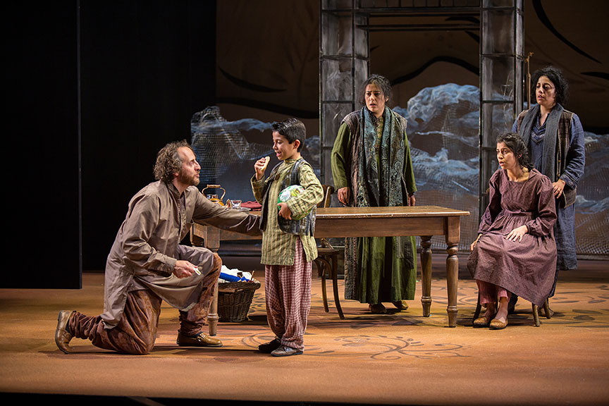 (from left) Haysam Kadri as Rasheed, Arden Pala as Zalmai, Nadine Malouf as Laila, Nikita Tewani as Aziza, and Denmo Ibrahim as Mariam in A Thousand Splendid Suns, written by Ursula Rani Sarma, based on the book by Khaled Hosseini, directed by Carey Perloff, and co-produced by American Conservatory Theater, runs May 12 – June 17, 2018 at The Old Globe. Photo by Jim Cox.
