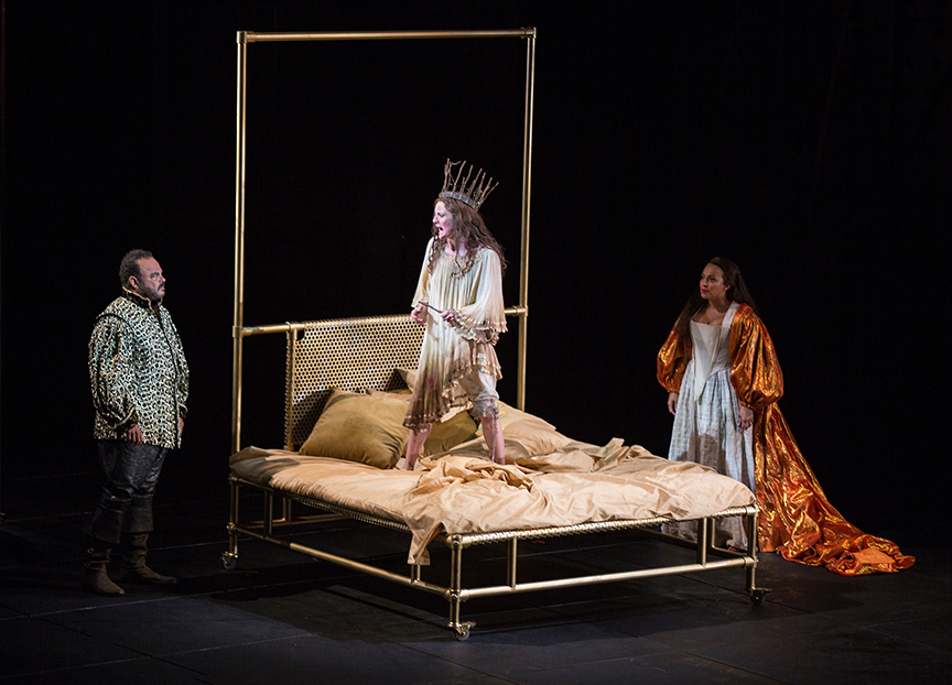 (from left) Cornell Womack as King Claudius, Talley Beth Gale as Ophelia, and Opal Alladin as Queen Gertrude in Hamlet, by William Shakespeare, directed by Barry Edelstein, running August 6 - September 10, 2017. Photo by Jim Cox.