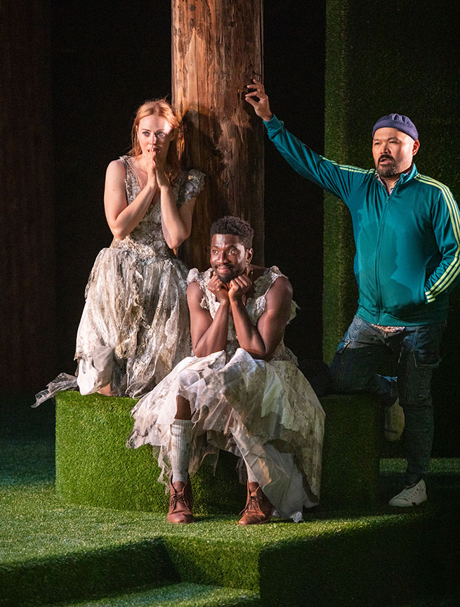 (from left) Deborah Ann Woll as Katherine, James Udom as Petruchio, and Orville Mendoza as Grumio in The Taming of the Shrew, 2022. Photo by Jim Cox.