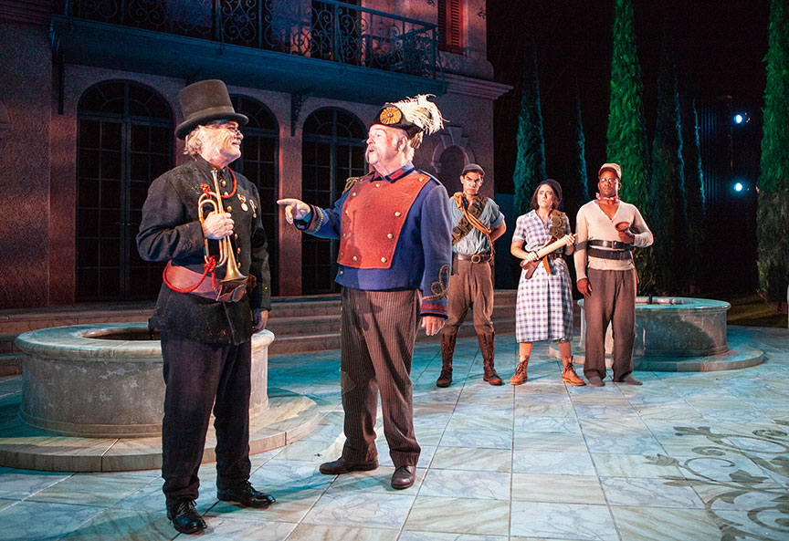 (from left) James Newcomb as Verges, Fred Applegate as Dogberry, Jose Martinez as Second Watch, Samantha Sutliff as First Watch, and Jersten Seraile as Third Watch in Much Ado About Nothing, by William Shakespeare, directed by Kathleen Marshall, runs August 12 – September 16, 2018 at The Old Globe. Photo by Jim Cox.