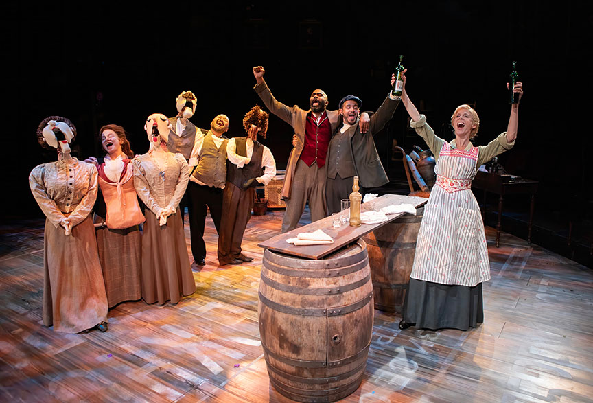 (from left) Juliet Brett, Orville Mendoza, Nik Walker, Vincent Randazzo, and Stephanie Gibson in The Old Globe’s production of Crime and Punishment, A Comedy. Photo by Jim Cox.