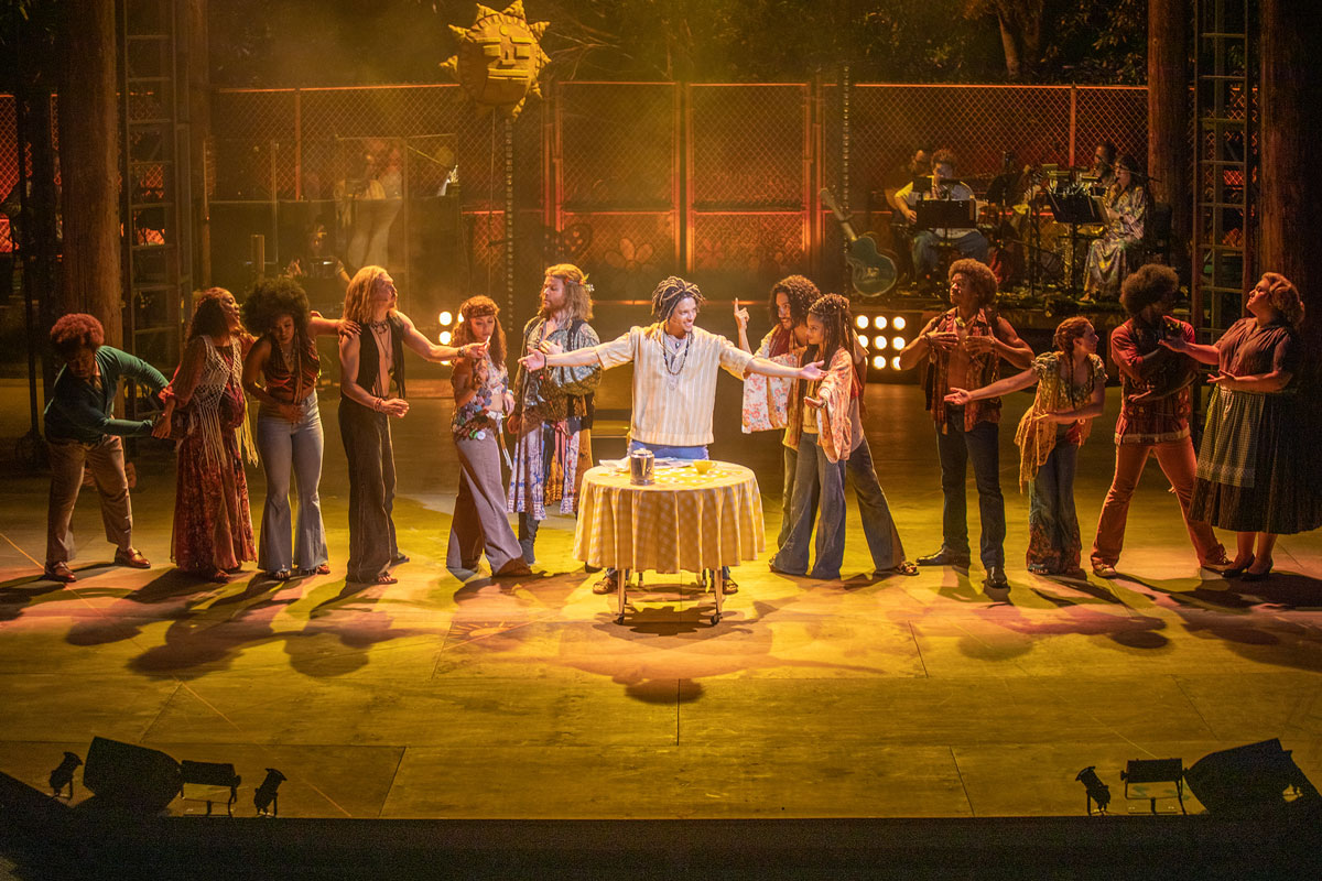 (center) Tyler Hardwick as Claude with the cast of Hair, 2021. Photo by Jim Cox.