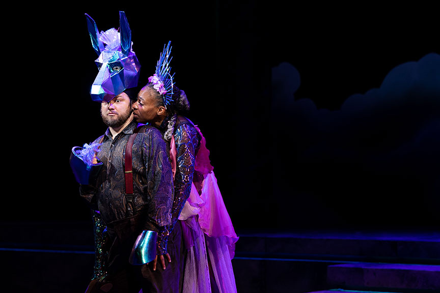 (from left) Jake Millgard as Bottom and Karen Aldridge as Titania in A Midsummer Night’s Dream. Photo by Rich Soublet II.