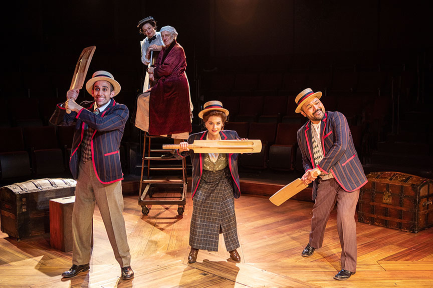 George Abud as Young Scrooge, Jacque Wilke as Ghost of Christmas Past, Bill Buell as Ebenezer Scrooge, Cathryn Wake as Archibald, and Orville Mendoza as Charles in Ebenezer Scrooge's BIG San Diego Christmas Show, 2021. Photo by Jim Cox.