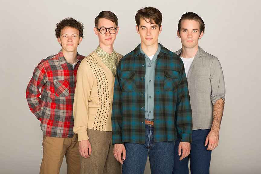 (from left) Austyn Myers appears as O'Dell, Connor Russell as Quentin, Kyle Selig as Homer Hickam, and Patrick Rooney as Roy Lee in the West Coast premiere of October Sky, with book by Brian Hill and Aaron Thielen, music and lyrics by Michael Mahler, directed and choreographed by Rachel Rockwell, inspired by the Universal Pictures film and Rocket Boys by Homer H. Hickam, Jr., running Sept. 10 - Oct. 23, 2016 at The Old Globe. Photo by Jim Cox.