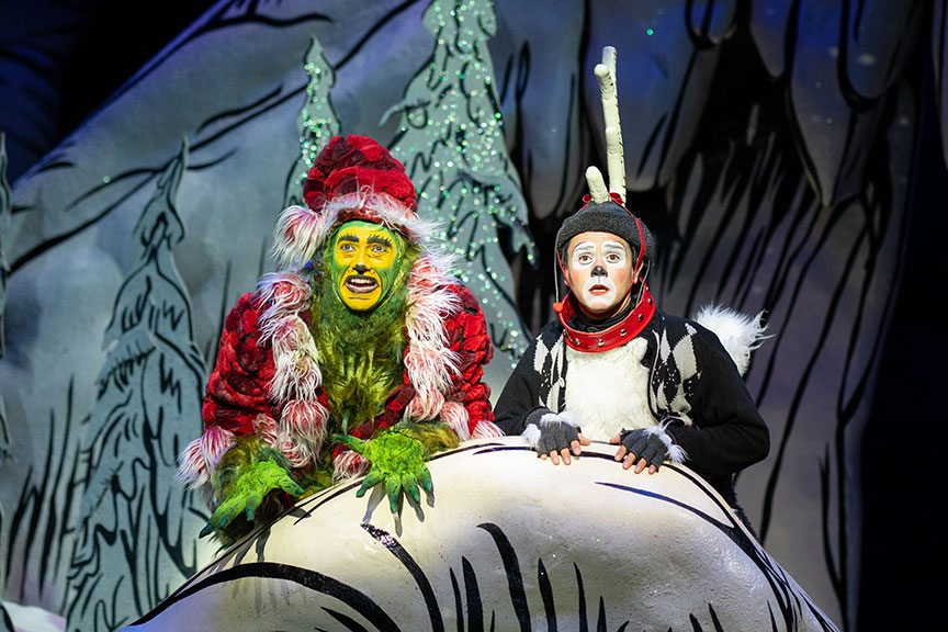 Andrew Polec as The Grinch and Tommy Martinez as Young Max in Dr. Seuss's How the Grinch Stole Christmas!, 2021. Photo by Rich Soublet II.