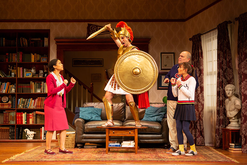 Shay Vawn as Daphne, George Psomas, Brad Oscar as Dionysus, and Jessie Cannizzaro in Ken Ludwig's The Gods of Comedy, running May 11 – June 16, 2019 at The Old Globe. Photo by Jim Cox.