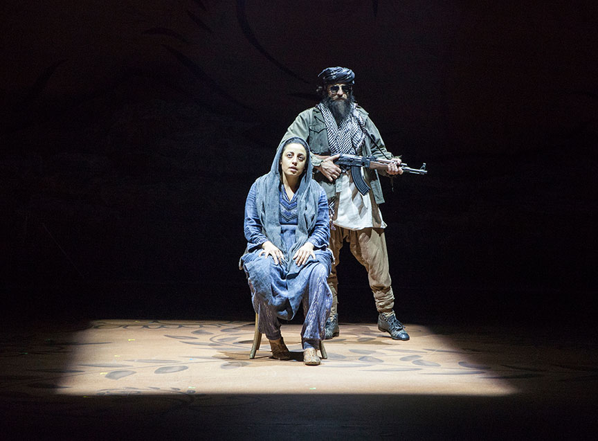 Denmo Ibrahim as Mariam and Haysam Kadri as Talib Soldier in A Thousand Splendid Suns, written by Ursula Rani Sarma, based on the book by Khaled Hosseini, directed by Carey Perloff, and co-produced by American Conservatory Theater, runs May 12 – June 17, 2018 at The Old Globe. Photo by Jim Cox.