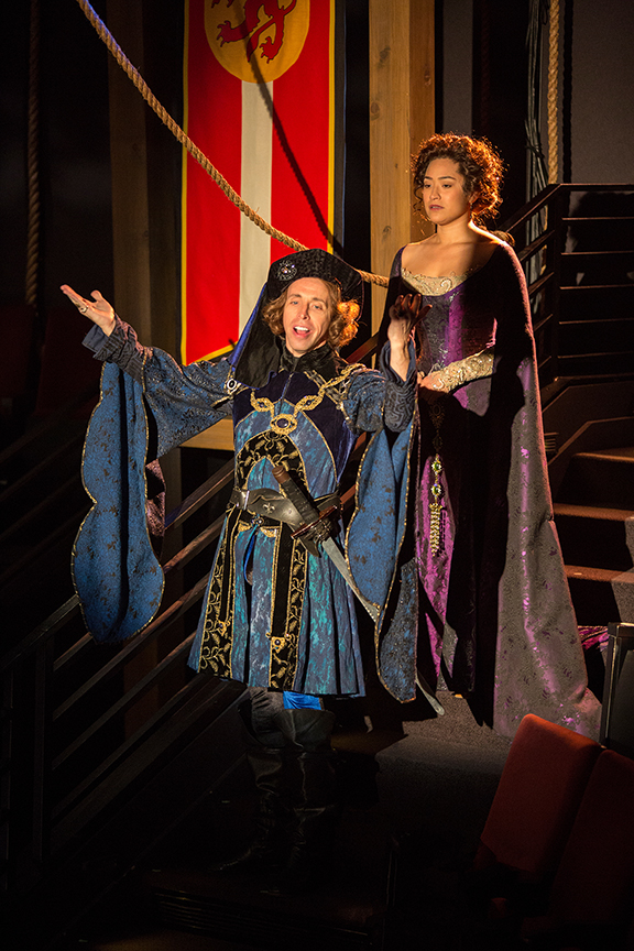 Kevin Cahoon as The Sheriff of Nottingham and Suzelle Palacios as Doerwynn in the Globe-commissioned world premiere of Ken Ludwig's Robin Hood!, running July 22 - August 27, 2017 at The Old Globe. Photo by Jim Cox.