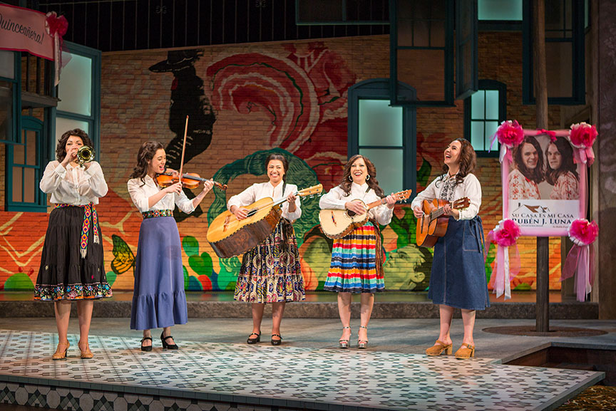 (from left) Amanda Robles, Jennifer Paredes, Natalie Camunas, Crissy Guerrero, and Heather Velazquez in American Mariachi, written by José Cruz González, directed by James Vásquez, in association with Denver Center for the Performing Arts Theatre Company, running March 23 – April 29, 2018 at The Old Globe. Photo by Jim Cox.