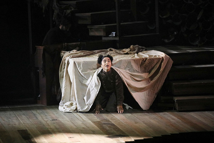 Bianca Norwood as Despereaux in The Tale of Despereaux, book, music, and lyrics by PigPen Theatre Co., based on the novel by Kate DiCamillo and the Universal Pictures animated film, directed by Marc Bruni and PigPen Theatre Co., running July 6 – August 11, 2019 at The Old Globe. Photo by Jim Cox.