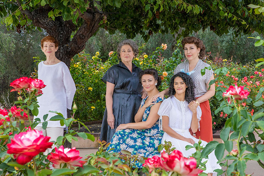 (from left) Carmen Roman appears as Older Anuncia, Mary Testa as Granmama, Eden Espinosa as Mamí, Kalyn West as Younger Anuncia, and Andréa Burns as Tía in The Gardens of Anuncia. Photo by Jim Cox.