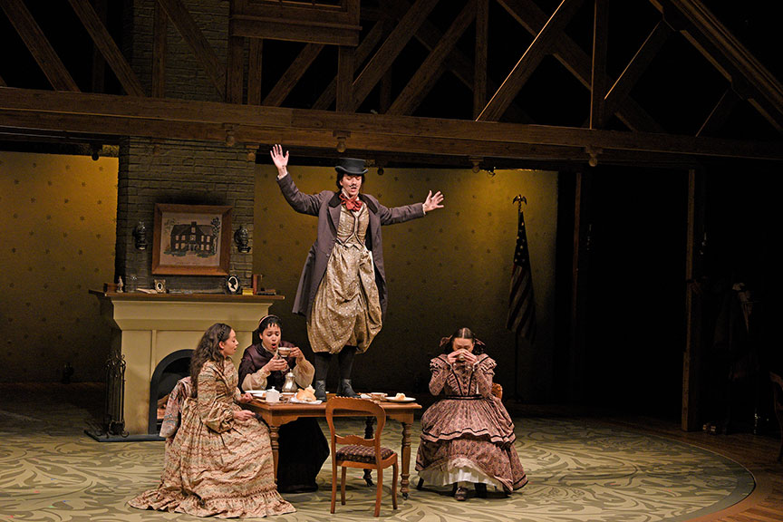 Maggie Thompson as Beth March, Jennie Greenberry as Meg March, Pearl Rhein as Jo March, and Lilli Hokama as Amy March. The West Coast premiere of Little Women by Kate Hamill, directed by Sarah Rasmussen, presented in association with Dallas Theater Center, runs March 14 – April 19, 2020 at The Old Globe. Photo by Karen Almond.