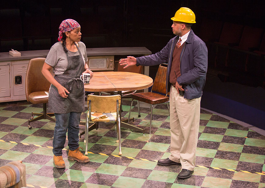 Tonye Patano as Faye and Brian Marable as Reggie in Dominique Morisseau's Skeleton Crew, directed by Delicia Turner Sonnenberg, in association with MOXIE Theatre, running April 8 – May 7, 2017 at The Old Globe. Photo by Jim Cox.
