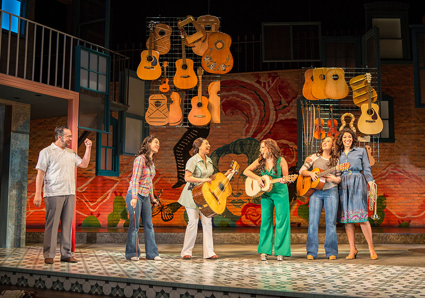 (from left) Rodney Lizcano, Jennifer Paredes, Natalie Camunas, Crissy Guerrero, Heather Velazquez, and Amanda Robles in American Mariachi, written by José Cruz González, directed by James Vásquez, in association with Denver Center for the Performing Arts Theatre Company, running March 23 – April 29, 2018 at The Old Globe. Photo by Jim Cox.