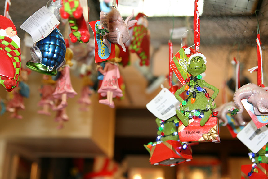 Festive Grinchy ornaments sold at the Helen Edison Gift Shop. Photo by Lucía Serrano.