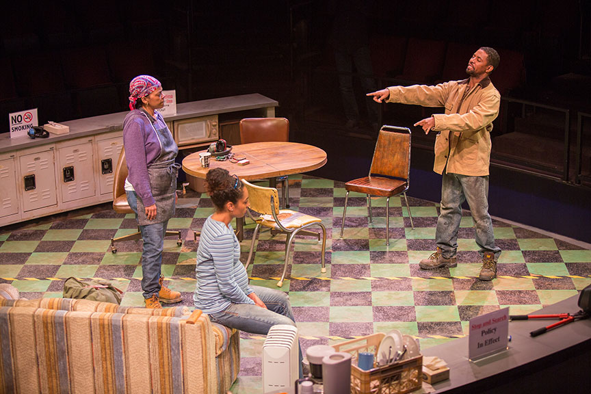 (from left) Tonye Patano as Faye, Rachel Nicks as Shanita, and Amari Cheatom as Dez in Dominique Morisseau's Skeleton Crew, directed by Delicia Turner Sonnenberg, in association with MOXIE Theatre, running April 8 – May 7, 2017 at The Old Globe. Photo by Jim Cox.